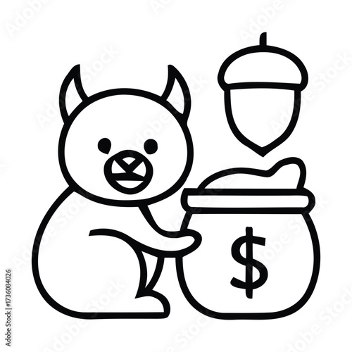 Cartoon squirrel with horns holding a money bag and an acorn, dollar, Vector illustration. 