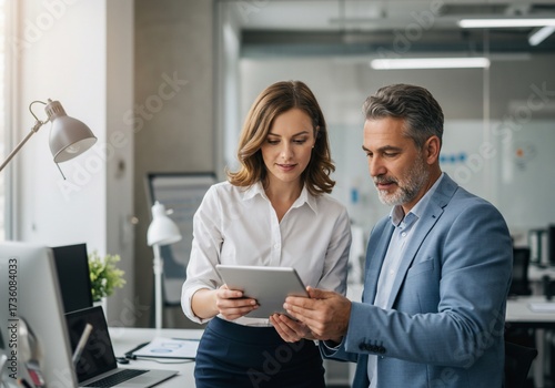 Business Team Reviewing Data on a Tablet Device in an Office