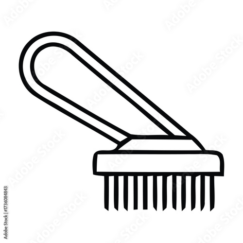Hand-drawn black and white illustration of a scrubbing brush with a curved handle, brush shape. 