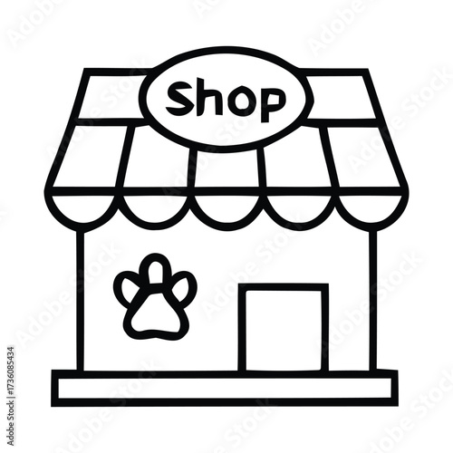 Line Art Icon of a Shop Building with a Paw Print and " Shop" Sign store retail, Vector illustration. 