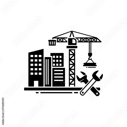Solid black glyph icon of an urban construction site with a tower crane and crossed wrenches.