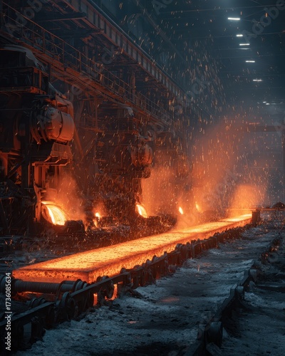Fiery Glow of Steel Production in Industrial Foundry with Sparks and Molten Metal Flowing