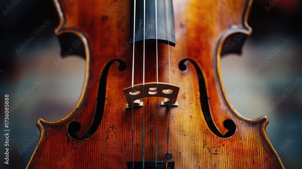 Fototapeta premium Vintage violin close up showing strings, bridge, and f holes