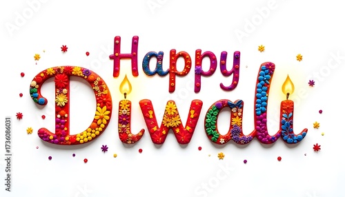 Colorful “Happy Diwali” text decorated with floral patterns and glowing diyas on a white background celebrating the festival of lights.
