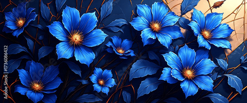 Luxury floral wallpaper featuring 3D embossed blossoms with gold, silver, and marble textures, elegant botanical mural in rich colors, abstract illustration for art prints, seamless 4K decorative back