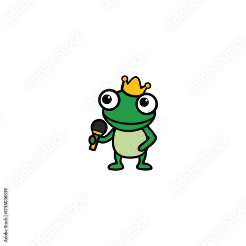 Cute cartoon frog king wearing a crown holding a microphone ready to sing a song