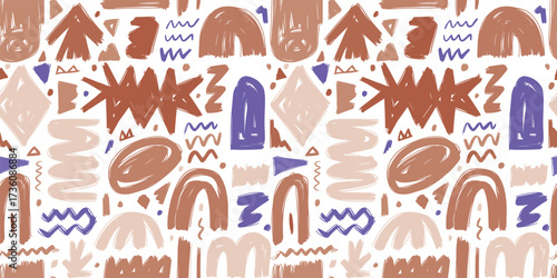 A Vibrant Abstract Pattern Featuring Geometric Shapes and Fluid Motifs in Earthy Tones and Bold Colors for Dynamic Visual Appeal