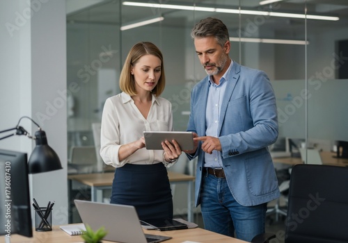 Business Colleagues Discussing Data on a Tablet Device
