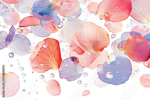Delicate pink and blue flower petals swirling in water with shimmering droplets of water