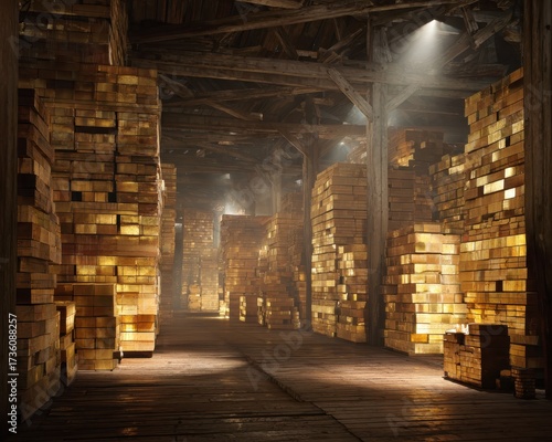Wooden Planks Stacked in a Dimly Lit Warehouse with Dramatic Lighting Effects