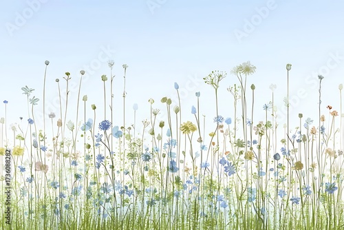Gentle Wildflower Meadow with Soft Focus and Pastel Colors Against Clear Blue Sky