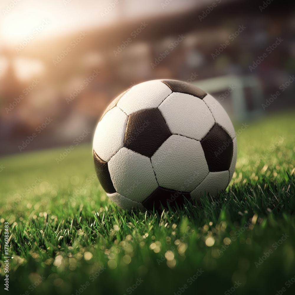 Obraz premium Close-Up Soccer Ball on Green Grass with Stadium Background and Warm Sunlight.