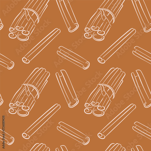 Seamless pattern with line art style cinnamon stick, bundle on warm brown background. Perfect for spice and culinary themed design.