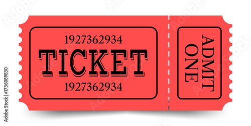 Classic red event ticket with a perforated line. Vintage ticket. Vector illustration isolated on white background.