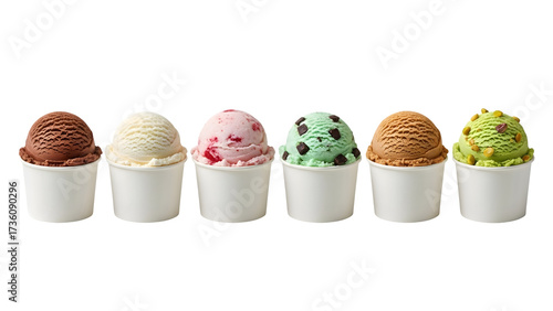 Ice cream scoop ball on transparent background cutout, colorful ice cream scoop in bow, top view. PNG file. Many assorted different flavour Mockup template for artwork design.	