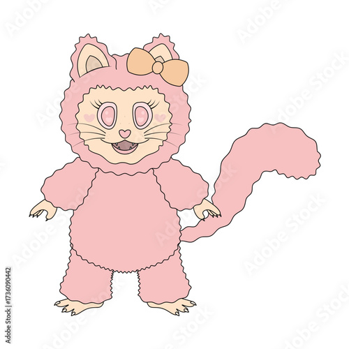 Female cat with pink fur. Cute kitten with orange bow on ear. Color vector illustration. Cat with pink eyes hearts, fangs, whiskers and tail. Isolated white background.