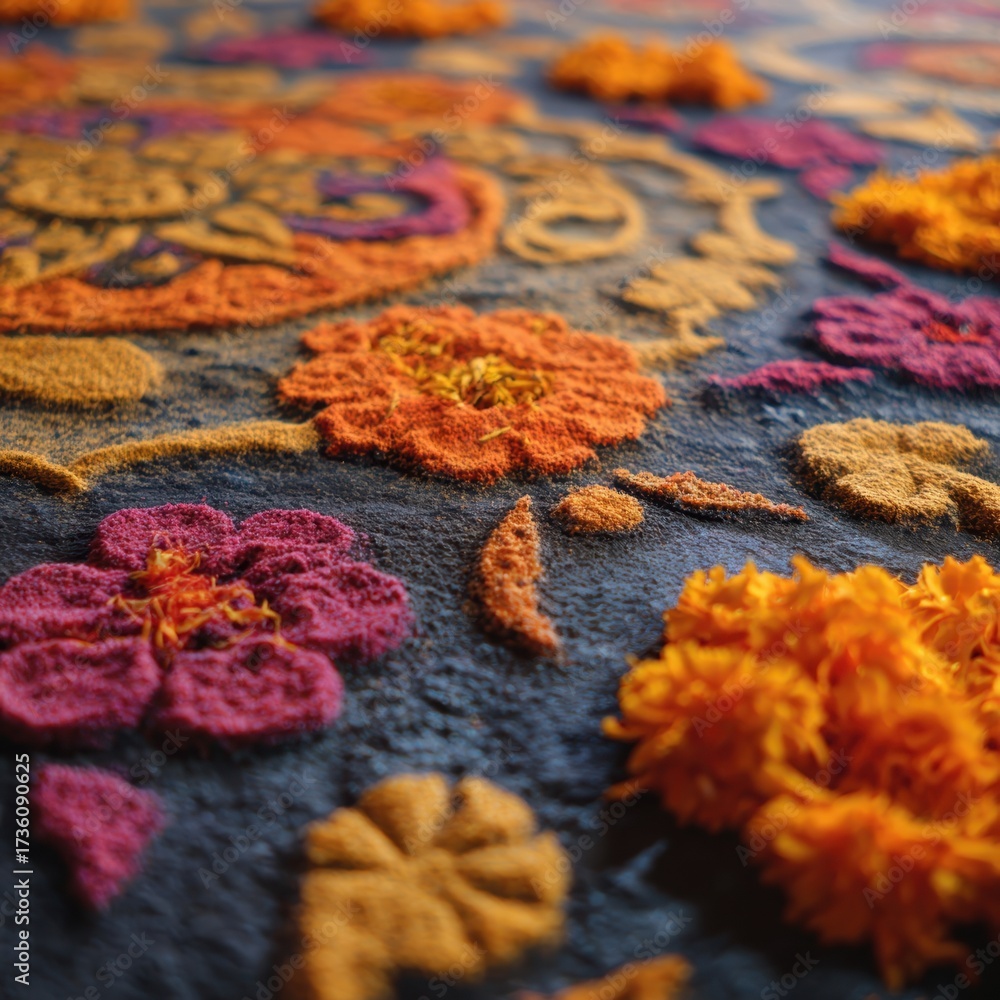 Fototapeta premium Colorful Floral Pattern on Textile with Vibrant Hues of Orange, Pink, and Yellow Design Elements