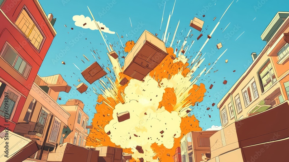 Naklejka premium City street experiencing cardboard box explosion with comic style