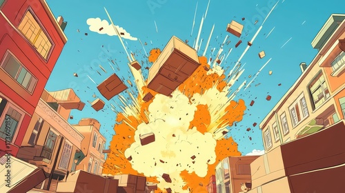 City street experiencing cardboard box explosion with comic style