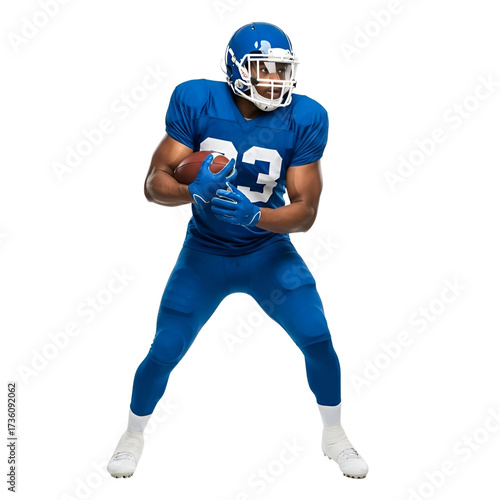 Professional football player in blue uniform holding a ball.