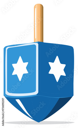 Illustration of a blue and white dreidel, a traditional toy with star of David