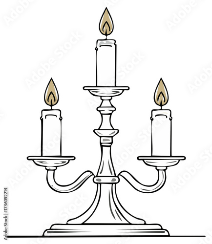 Three burning candles in elegant candelabra line art illustration providing ambient light