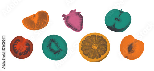 Aesthetic fruits with halftone effects grunge vector illustration. Natural tropical fruits. Trendy retro grunge collage.
