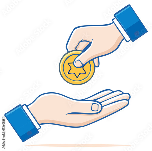 Illustration of two hands exchanging a gold coin with a Star of David symbol.