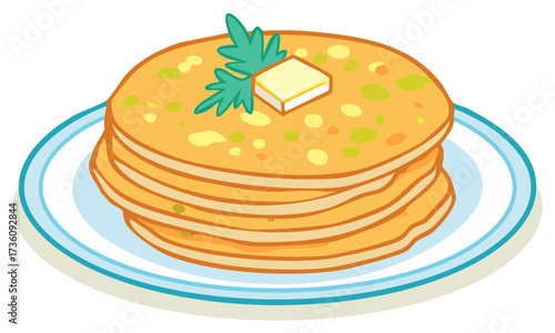 Stack of Delicious Pancakes with Butter and Parsley on a Plate Cartoon Vector