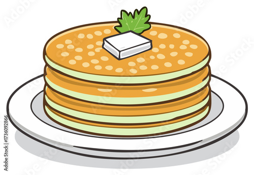Stack of pancakes with butter and green garnish, served on a plate
