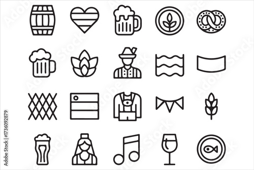 Oktoberfest Icons Bundle Beer, Pretzel, Bavarian Vector Set.