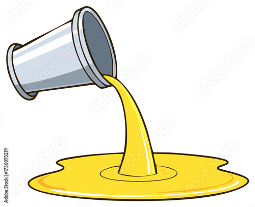 Cartoon container with pouring yellow liquid forming a puddle on the ground, fluid spill illustration