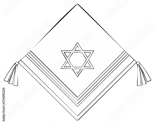 Outline drawing of a traditional Jewish Tallit prayer shawl with a prominent Star of David symbol