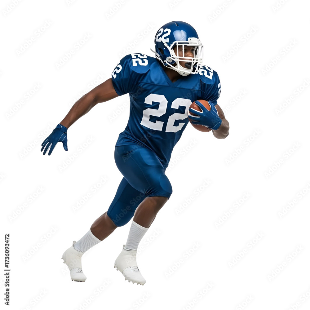 Fototapeta premium Football player in blue uniform running with the ball focused on the game.