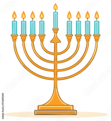 Animated menorah with nine burning candles in festive colors for Hanukkah celebration
