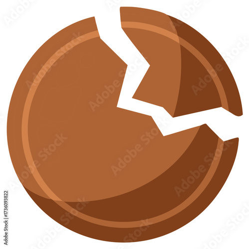 Cracked brown coin with distinct zigzag fissure and circular indentations