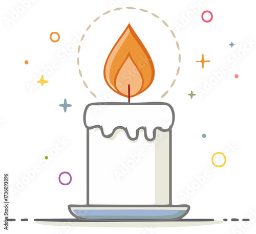 Cartoon lit candle with warm glowing flame and decorative sparkles on a holder