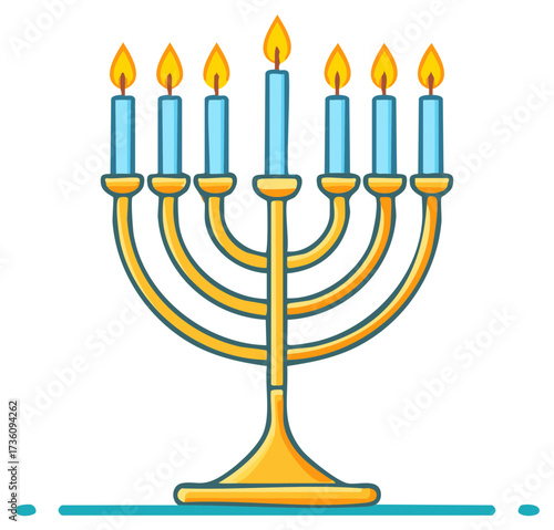 Stylized golden menorah with seven blue candles brightly burning, spiritual celebration icon.