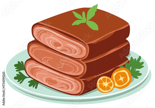 Delicious Stack of Meatloaf Slices Garnished with Fresh Parsley and Oranges on a Plate