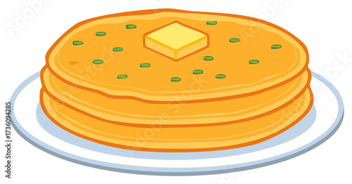 Stack of golden pancakes with butter and green sprinkles on a white plate