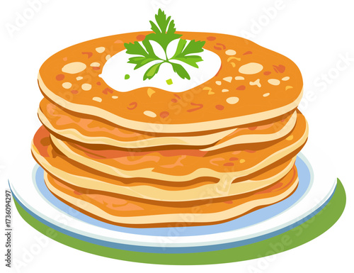 Delicious stack of golden pancakes blini served with sour cream and fresh green herbs vector illustration