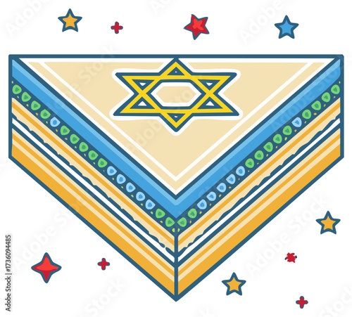 Illustration of a Jewish scarf or shawl with a Star of David symbol and stars
