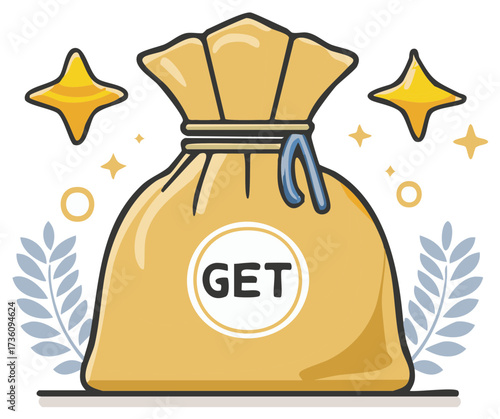 Get Bag Illustration Featuring Stars and Leaves. Cartoon Style Sack with Symbol and Ornament Design