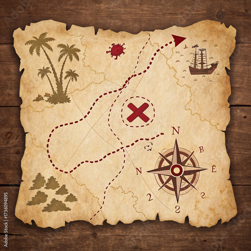 Vintage Pirate Treasure Map Marked with Red X and Compass Rose on a Weathered Wooden Background

