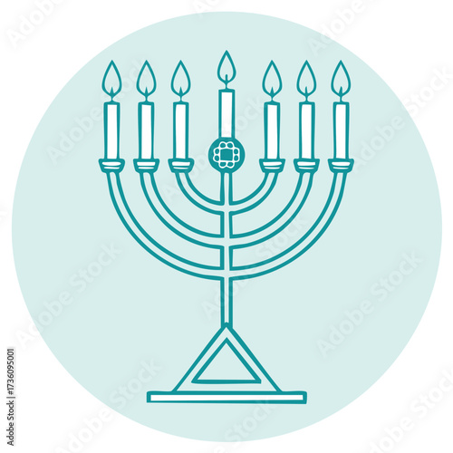 Elegant seven-branched menorah with lit candles depicted in teal outline on a soft blue circular background.