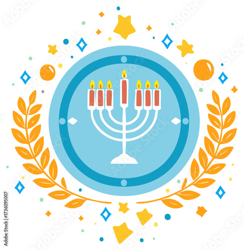 Festive Hanukkah menorah icon with lit candles framed by laurels and stars illustration