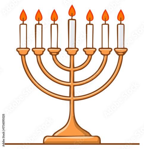 Illustration of a golden menorah with seven lit candles on a white background.