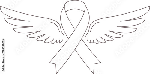Pink ribbon with angel wings symbolizes breast cancer awareness