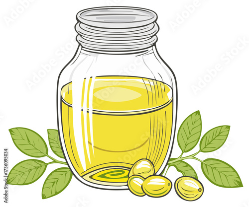 Neem oil in clear glass bottle with green leaves and organic seeds illustration