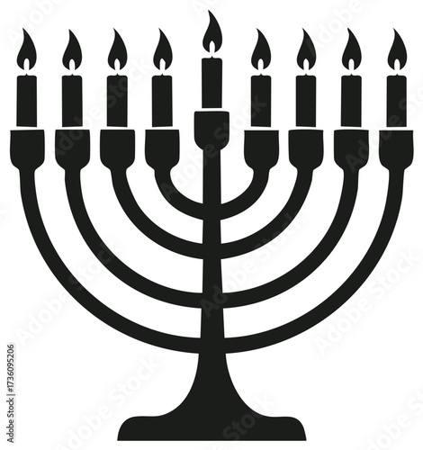 Simple black icon of a Hanukkah menorah with all nine candles lit for the Jewish Festival of Lights